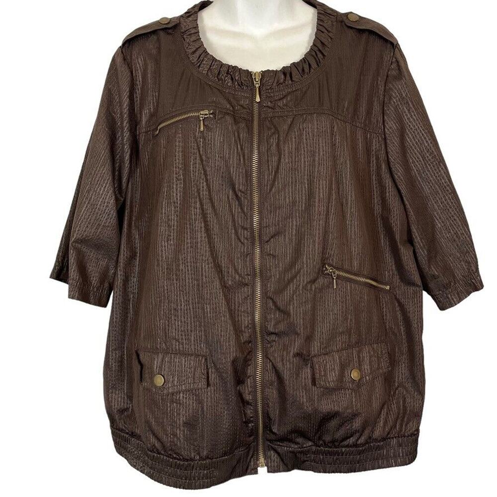 Zenergy Chicos Womens Brown Windbreaker Full Zip Casual Jacket Striped sz 3 XL